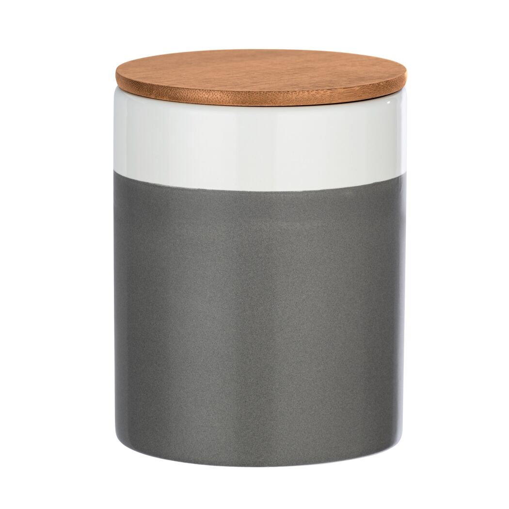 Graue Aufbewahrungsdose mit Holzdeckel