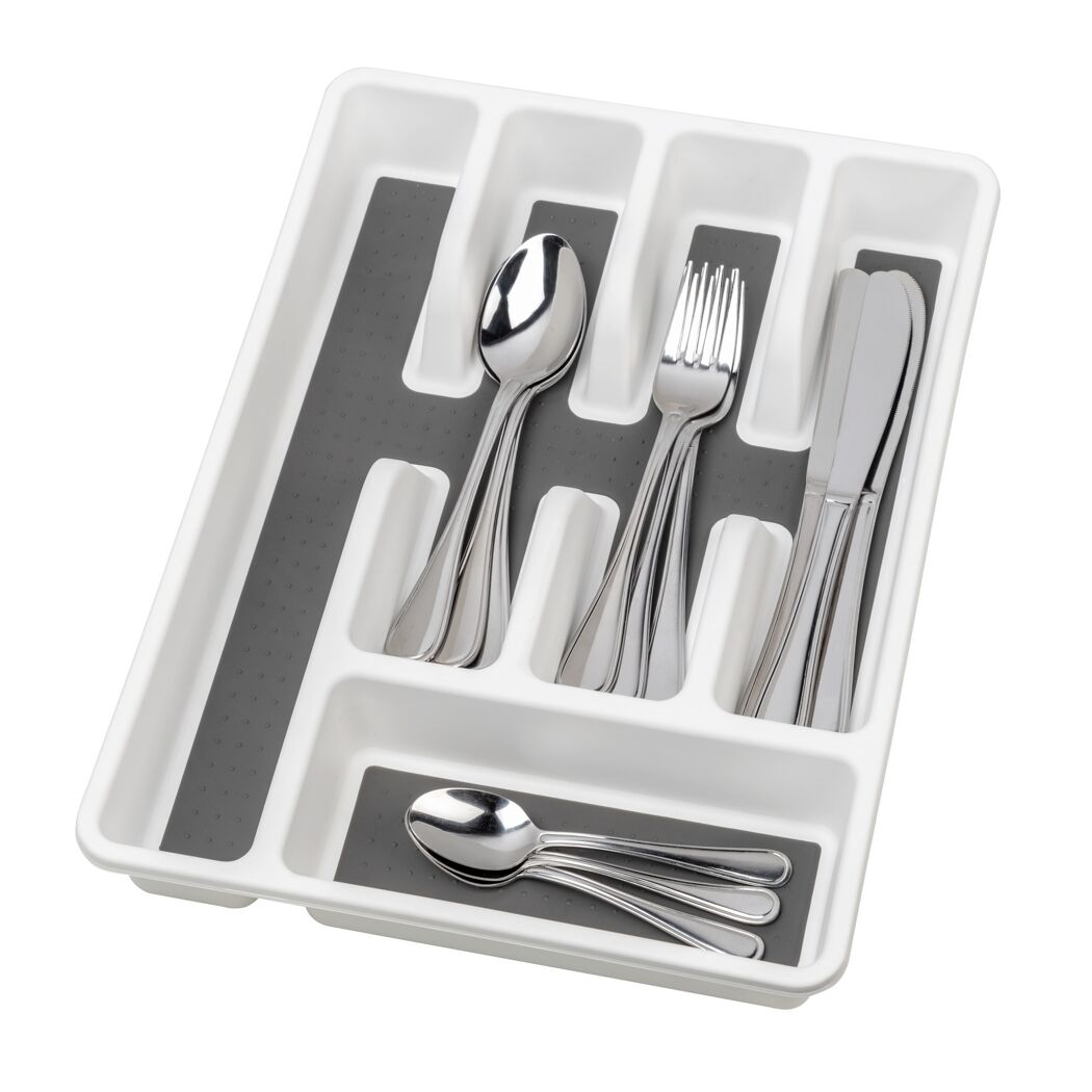 Weißer Besteckkasten mit Messer, Gabel und Löffel