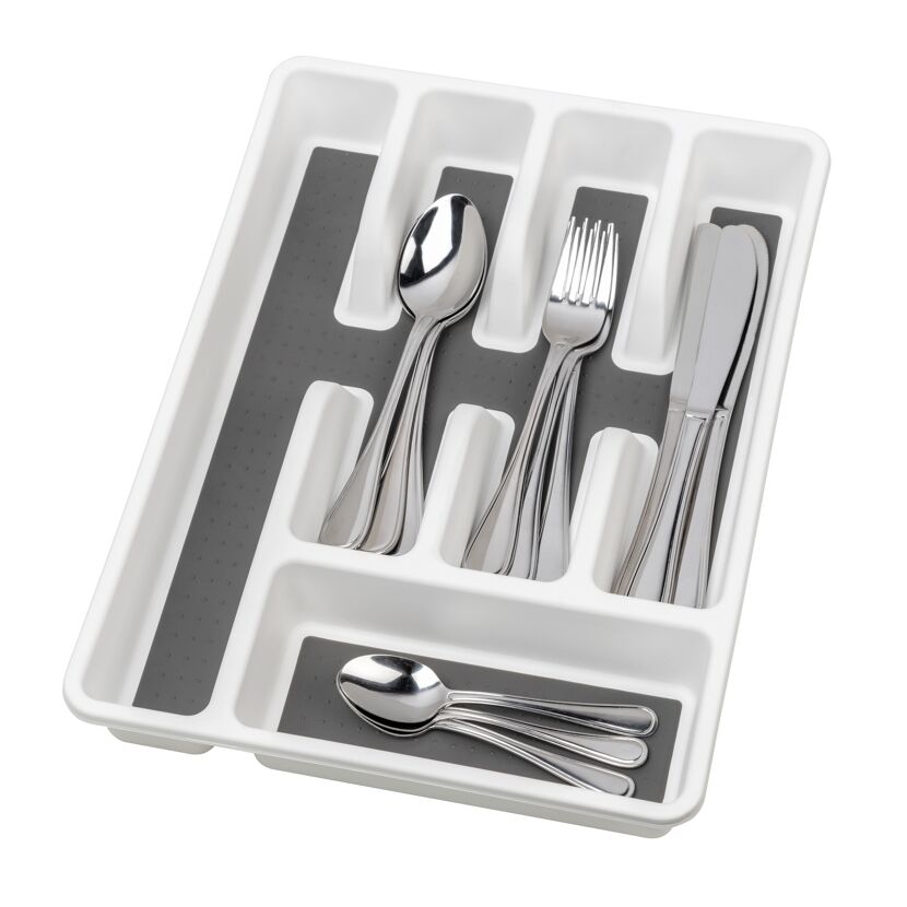 Weißer Besteckkasten mit Messer, Gabel und Löffel