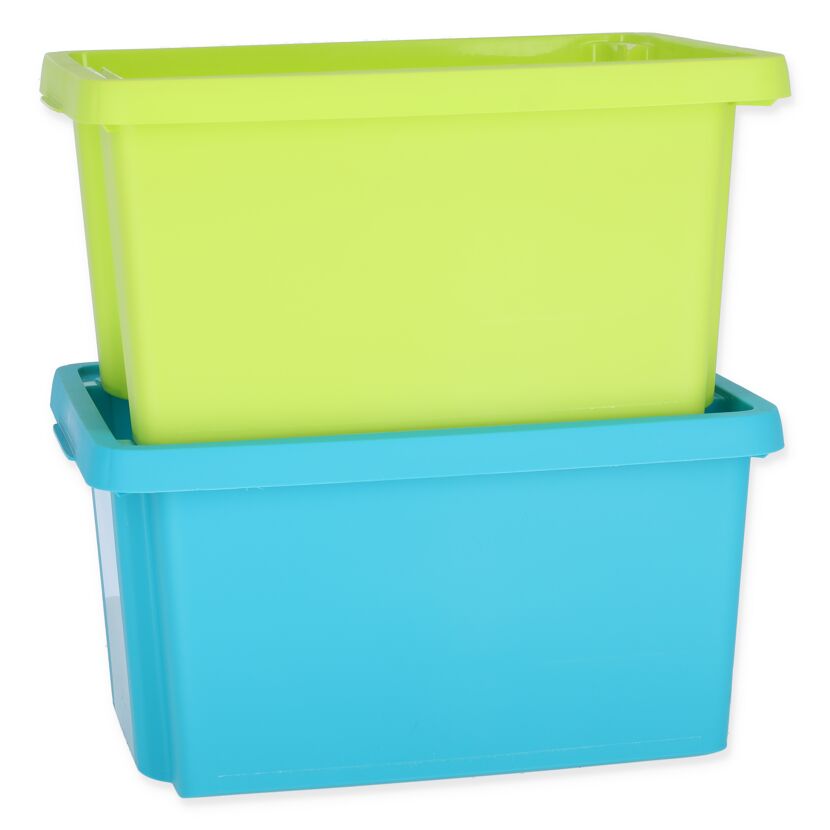 Zwei Drehstapelboxen in den Farben grün und blau.