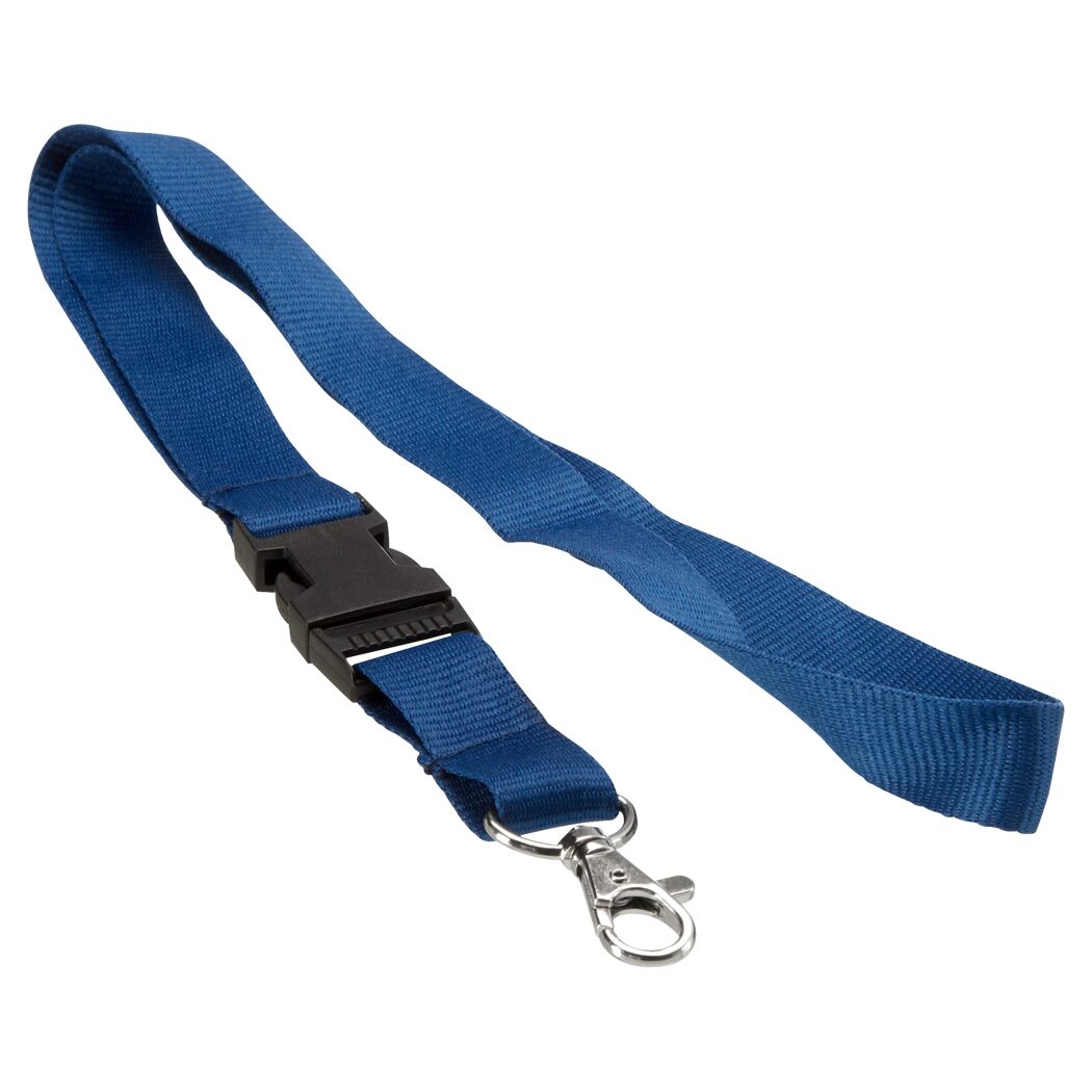 Blaues Schlüsselband mit schwarzem Clip und Metallverschluss.