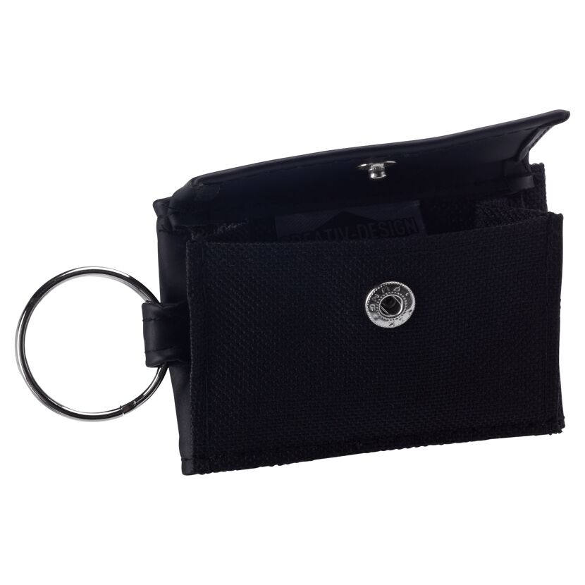 Schwarze Mini-Brieftasche mit Schlüsselring, geöffnet