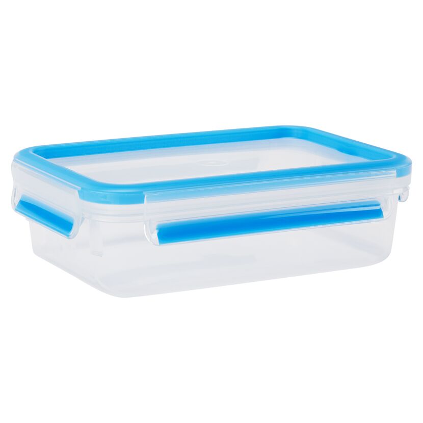 Transparente Frischhaltedose mit blauem Deckel und Verschluss.