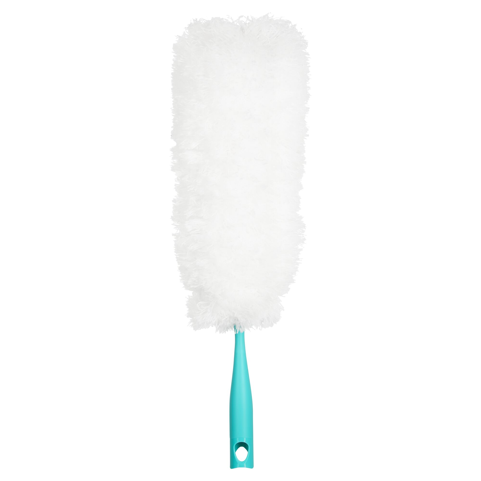 Weißer Staubwedel mit türkisfarbenem Griff