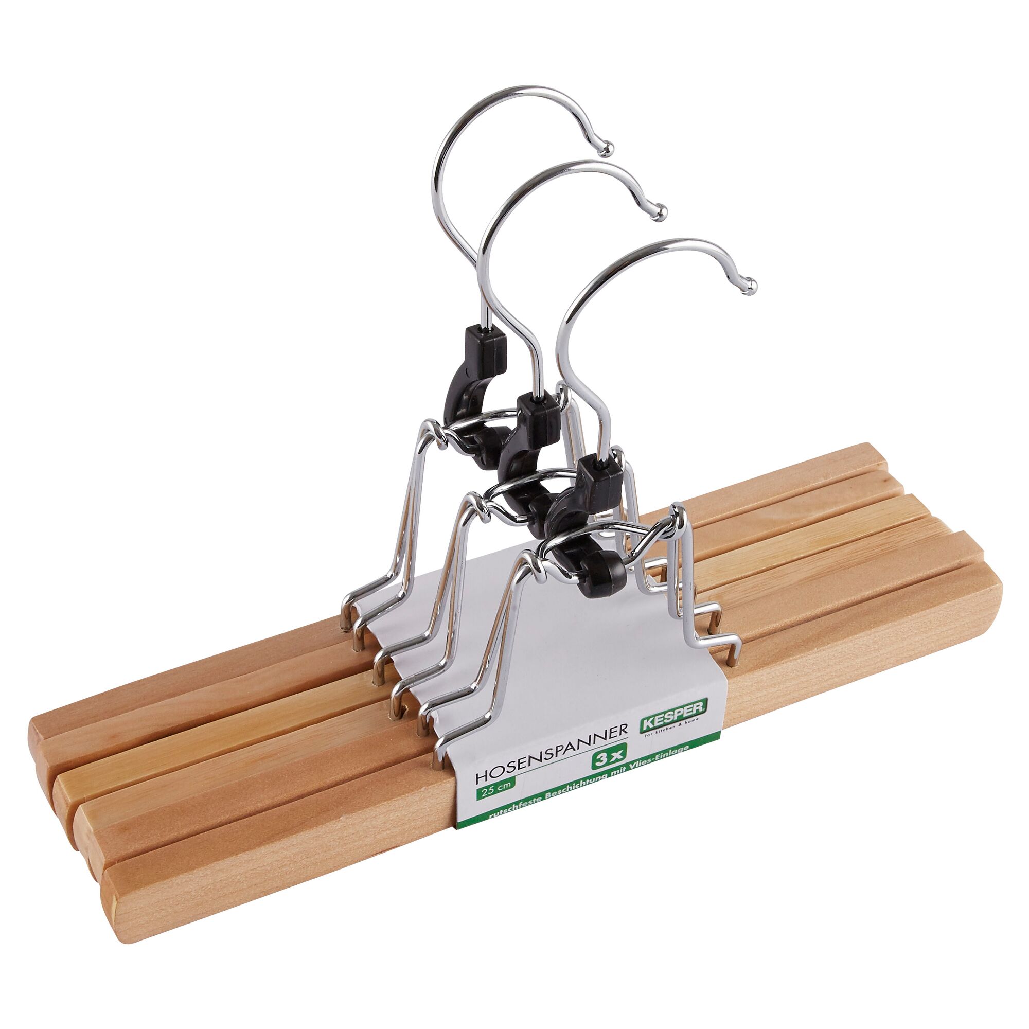 Drei Hosenspanner aus Holz mit Metallklammern