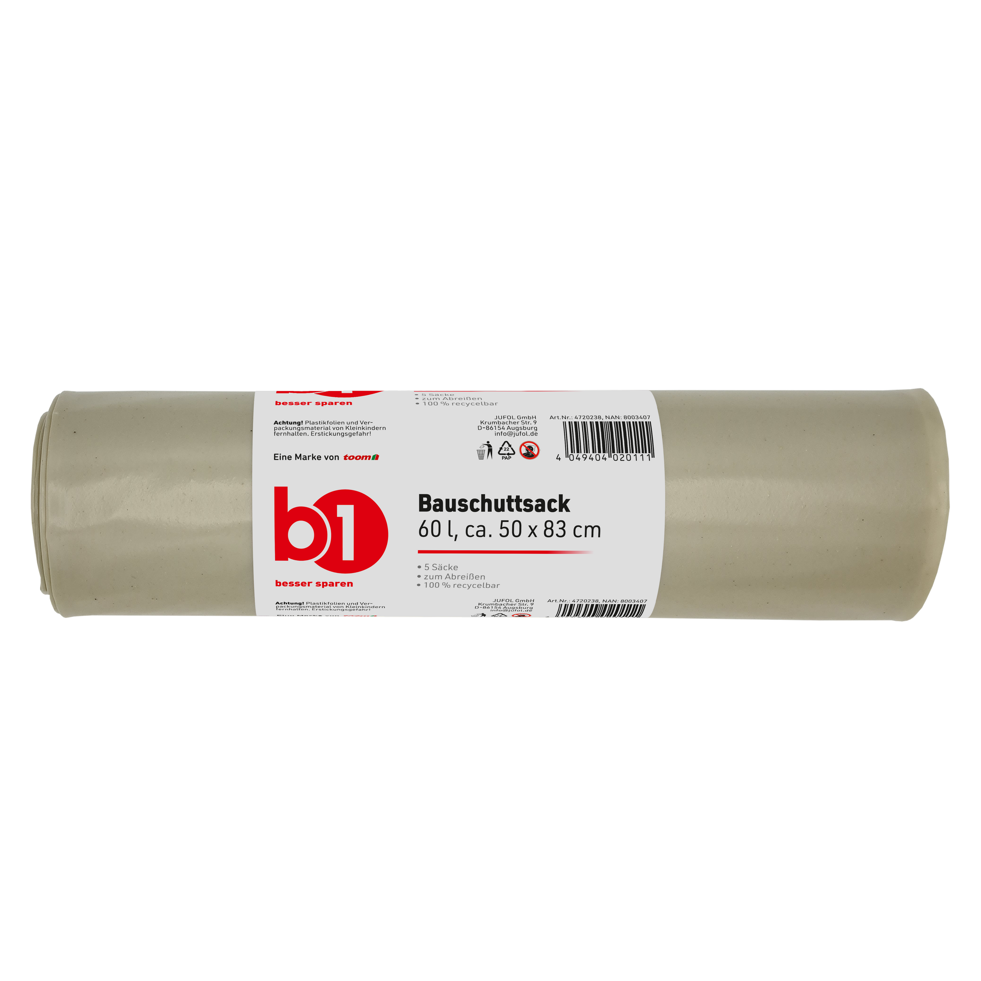Bauschuttsack 60 l beige 50 x 83 cm, 5 Stück