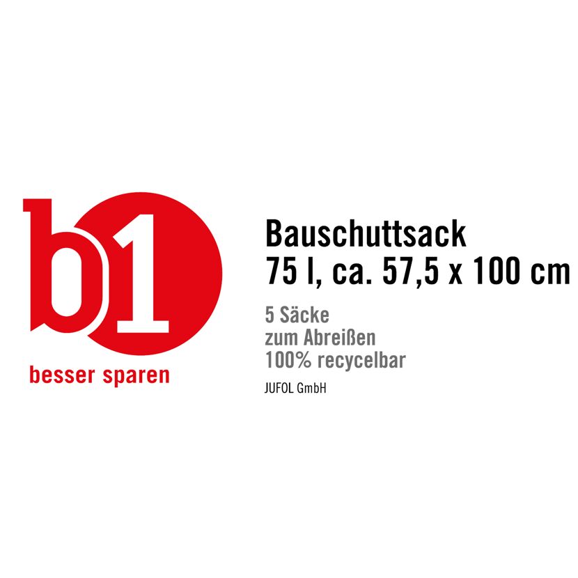Fünf Bauschuttsäcke, 75 l, 57,5 x 100 cm, 100% recycelbar