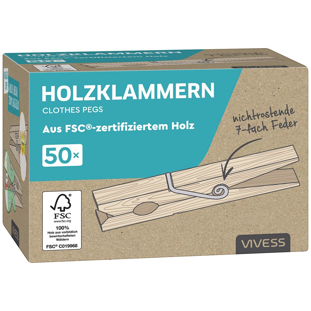 50 FSC-zertifizierte Holzwäscheklammern mit 7-facher Feder