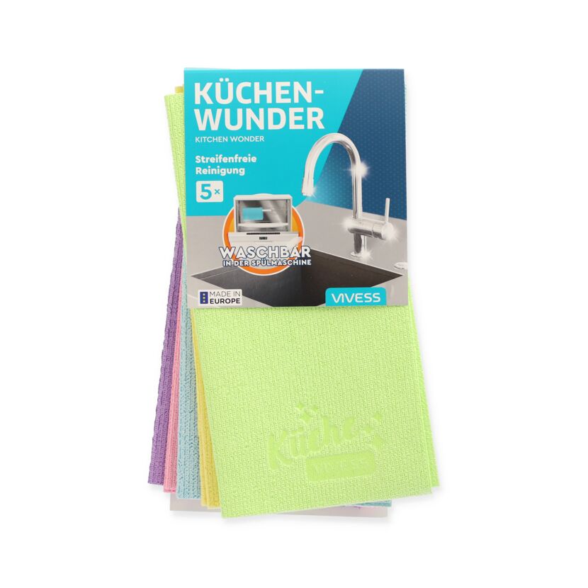 Fünf Küchentücher in verschiedenen Farben