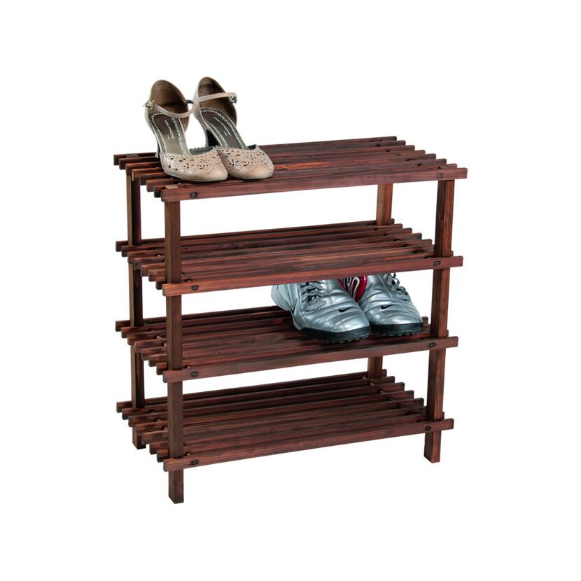 Vierstöckiges, dunkles Schuhregal mit Schuhen