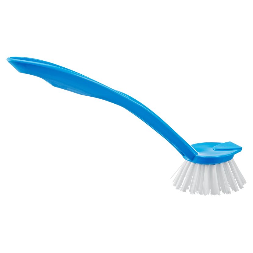 Blaue Spülbürste mit weißem Bürstenkopf und integriertem Schaber