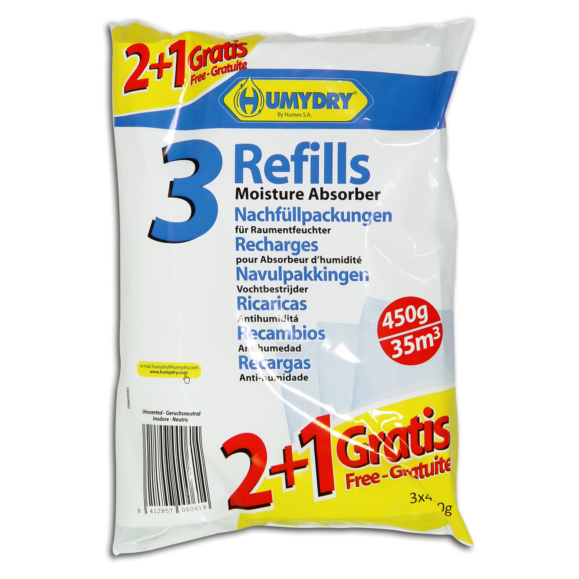 Drei Nachfüllpackungen Raumentfeuchter Humydry 2+1 gratis