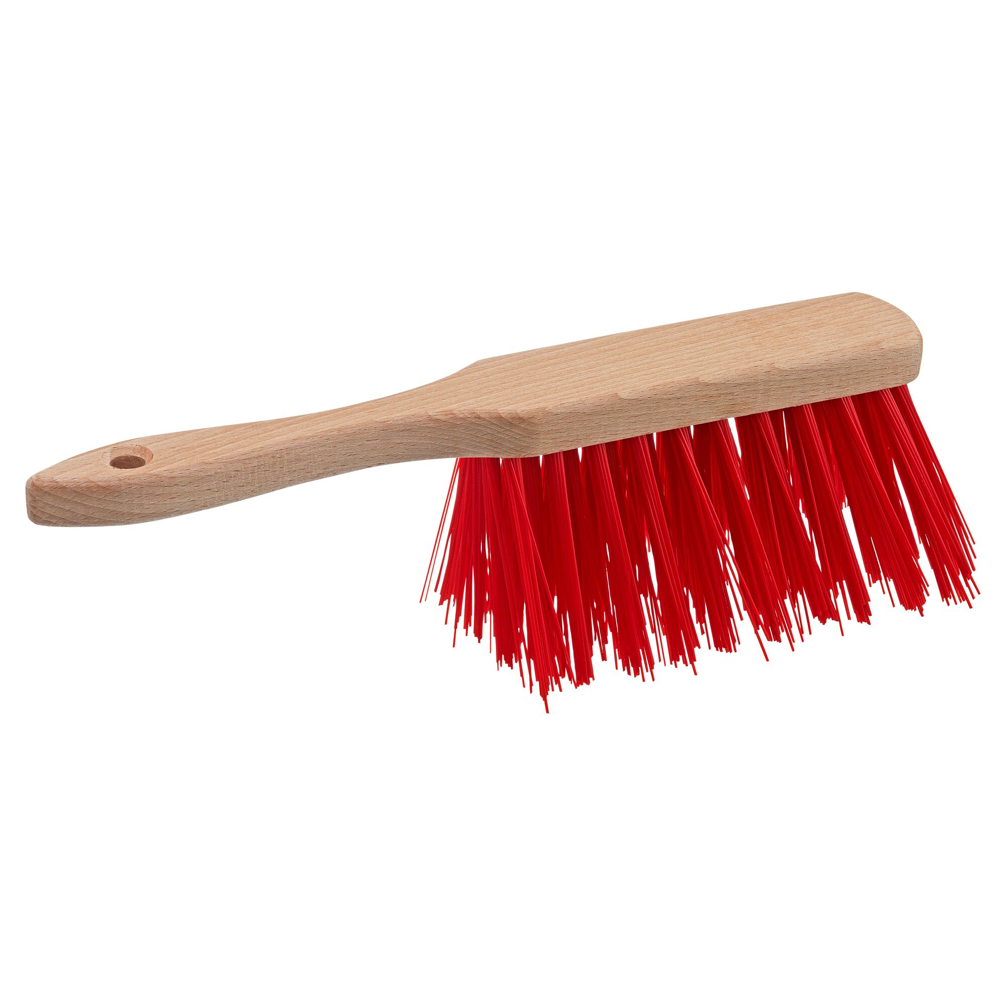 Handfeger mit roten Borsten und Holzgriff