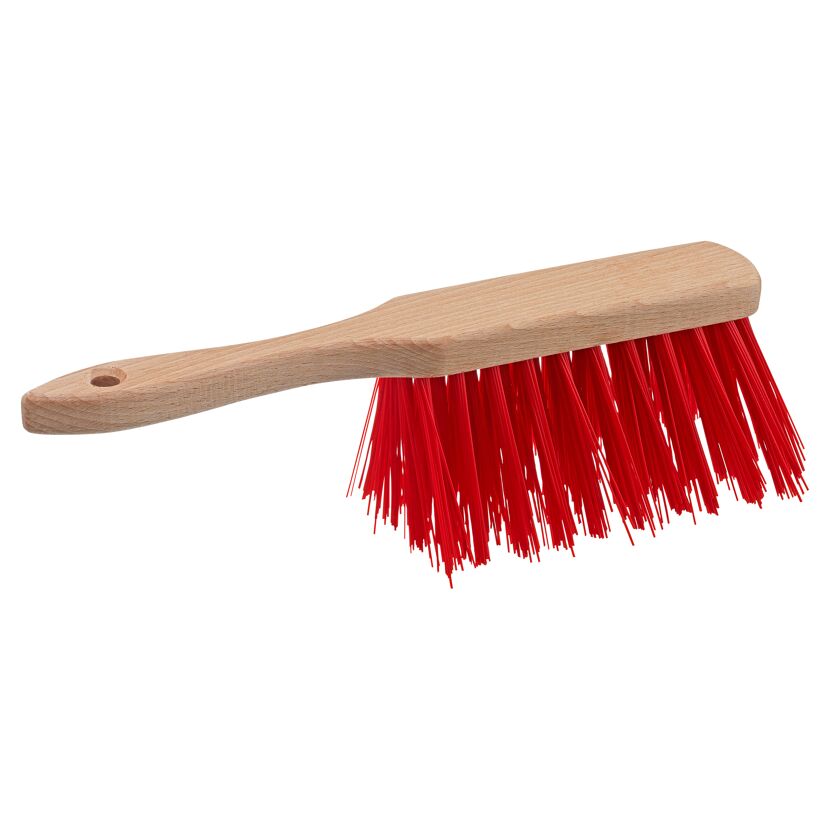 Handfeger mit roten Borsten und Holzgriff