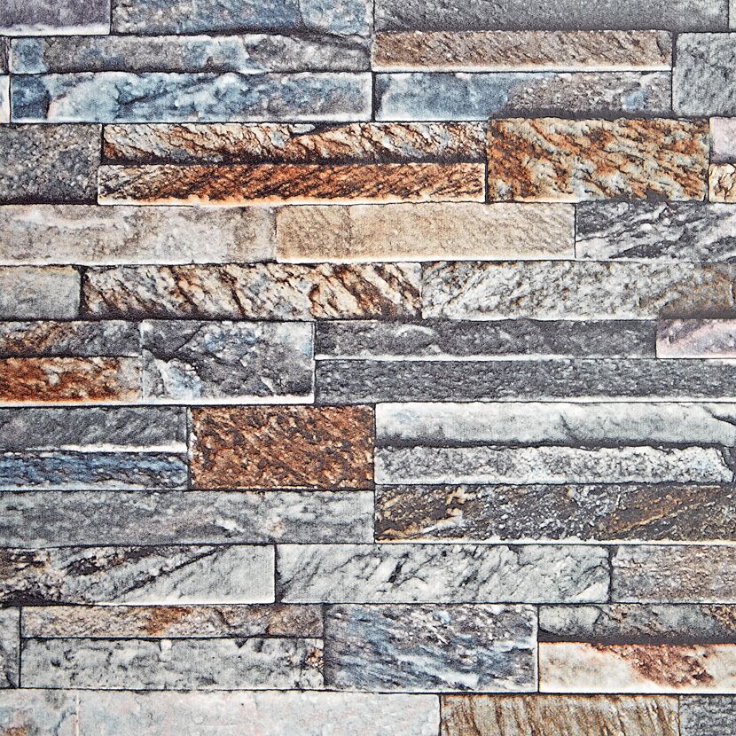 Wandbelag Ceramics mit rechteckigen Fliesen in verschiedenen Grautönen und Brauntönen.