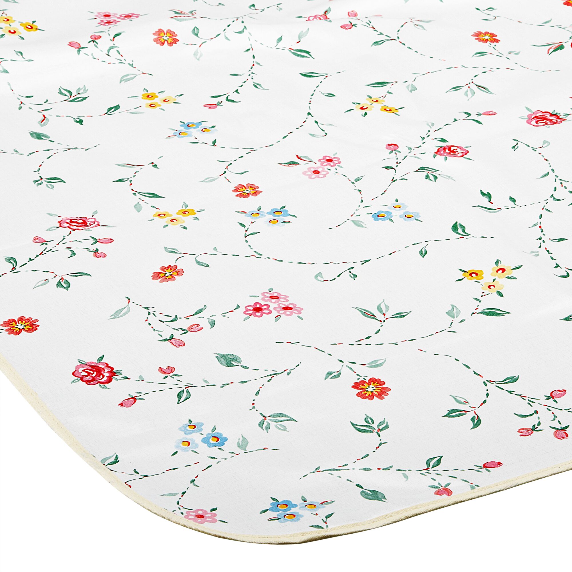 Weiße Tischdecke mit buntem Blumenmuster