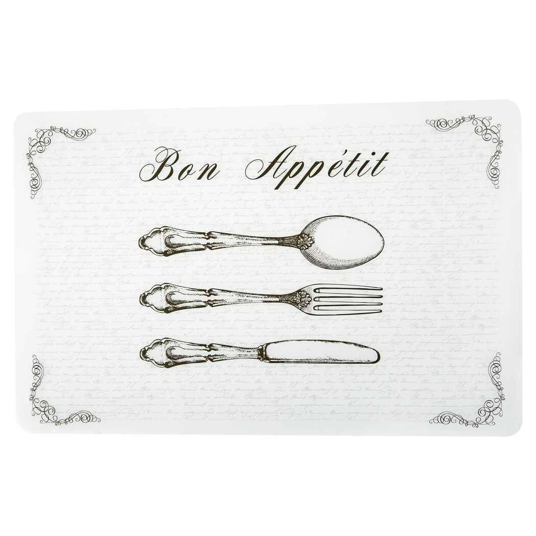 Tischset mit Besteck und Schriftzug Bon Appétit