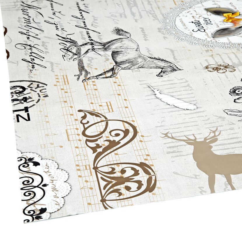 Gewebe Bergamo Joy beige mit Hirsch, Pferd und Notenlinien