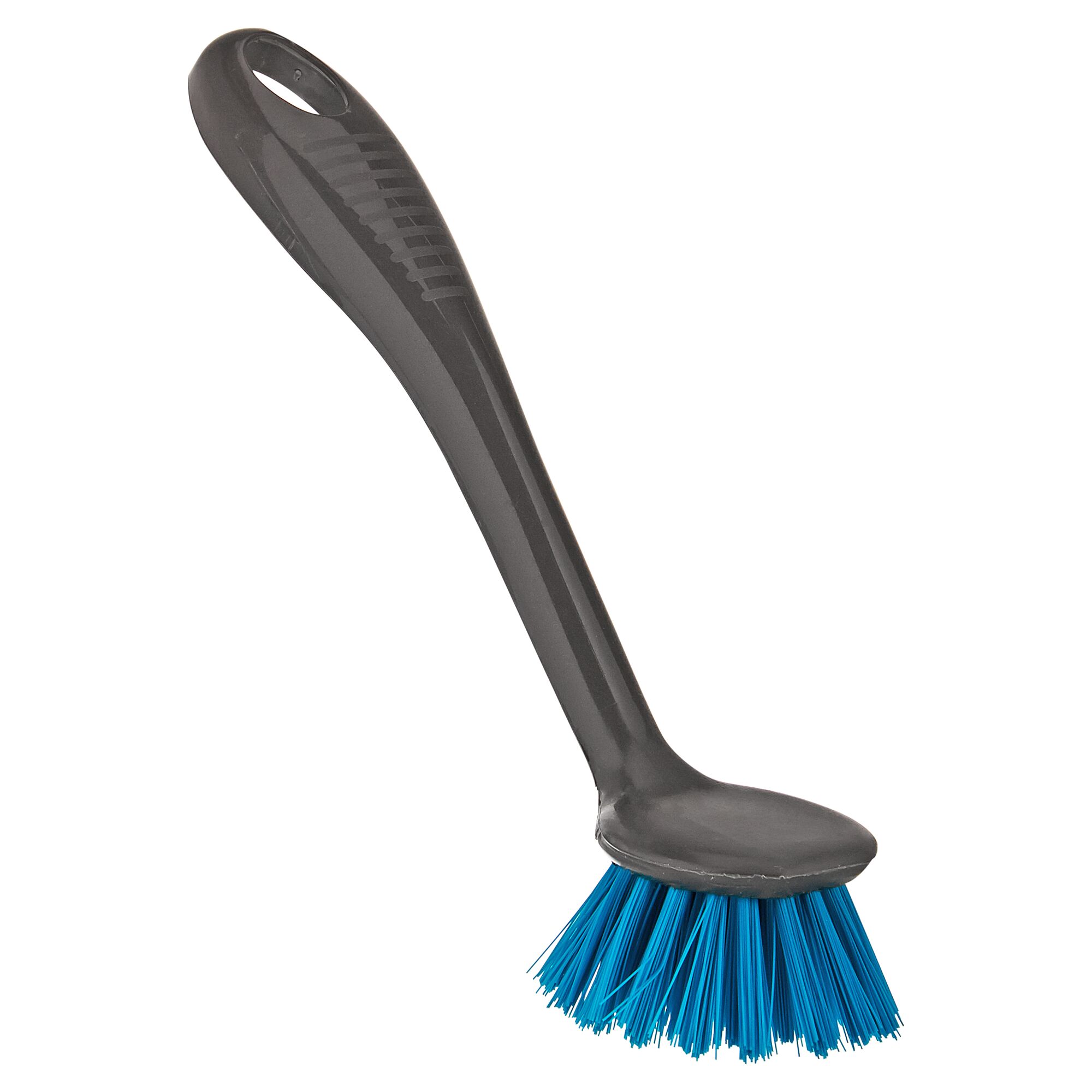 Spülbürste mit blauem Bürstenkopf und langem, grauem Griff.