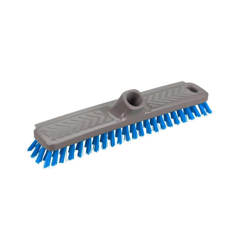 Schrubber mit blauen Borsten und grauem Griff.