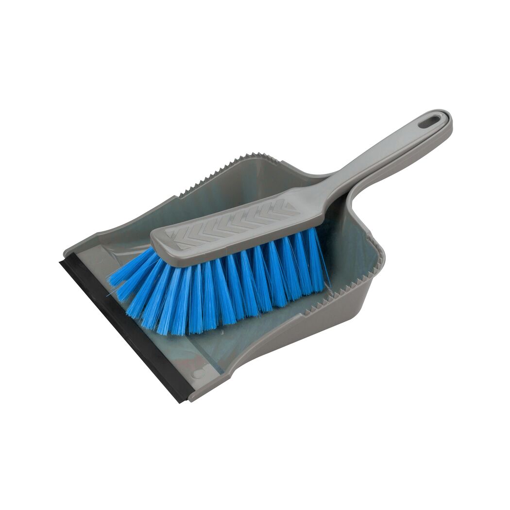 Kehrgarnitur mit blauer Bürste und grauer Schaufel
