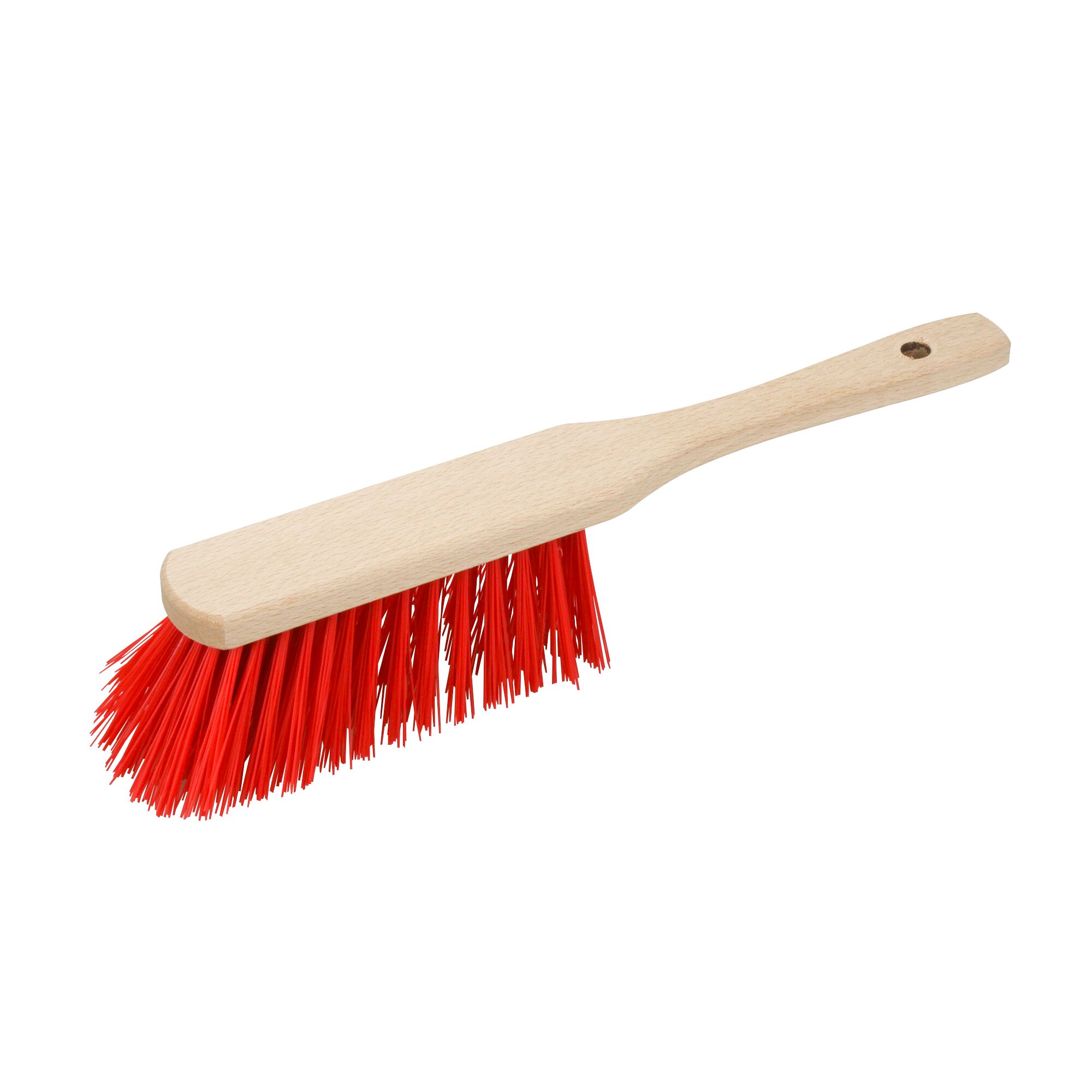 Handfeger mit roten Borsten und Holzgriff