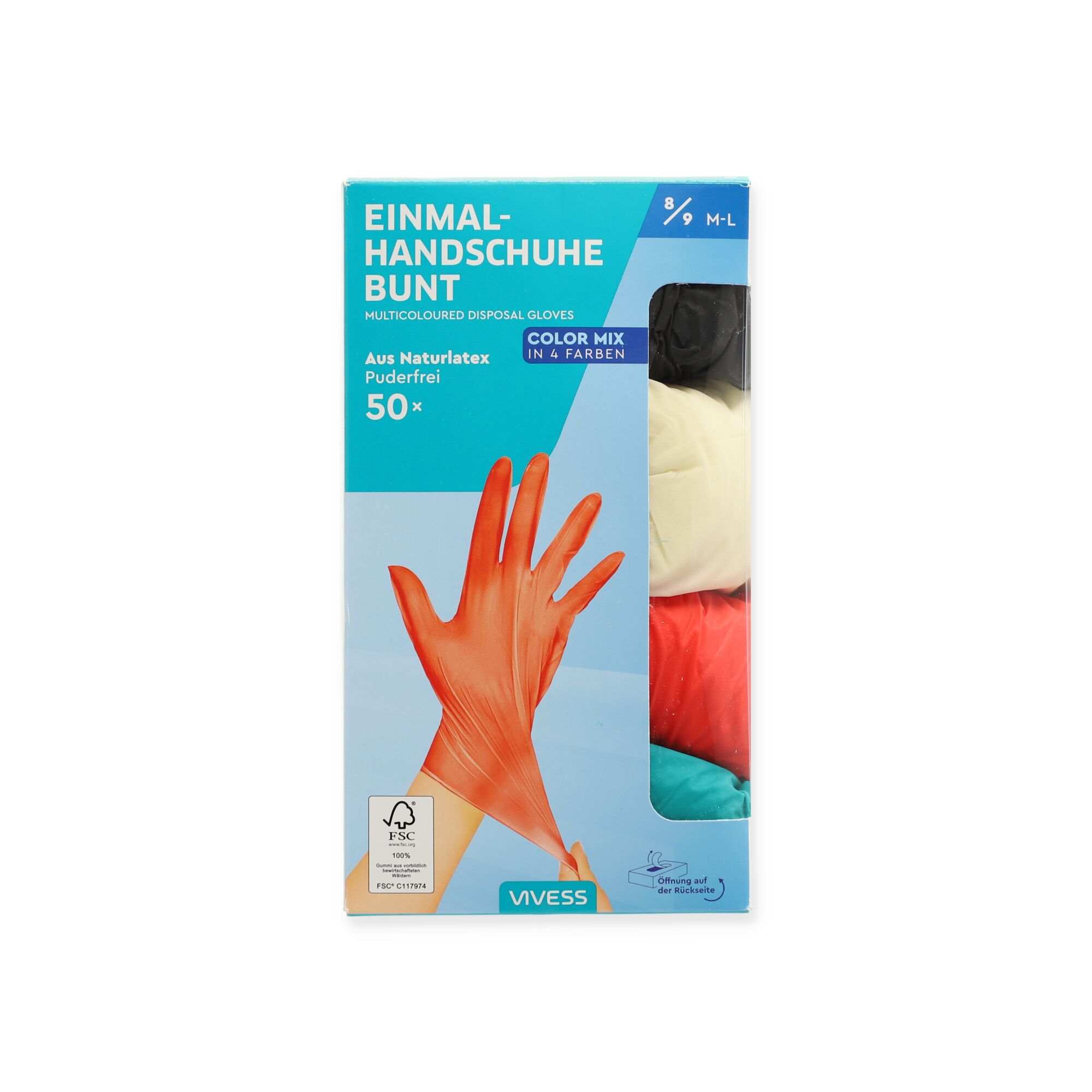 Vivess bunte Einmalhandschuhe aus Naturlatex, 50 Stück