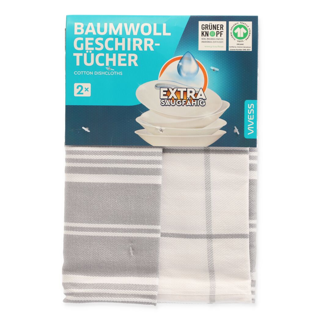 Zwei Geschirrtücher, eines grau-weiß gestreift, eines weiß mit grauen Karos.