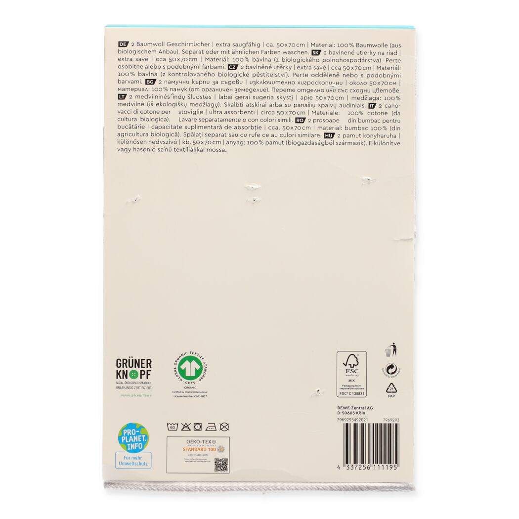 Verpackung von zwei Geschirrtüchern aus Bio-Baumwolle.