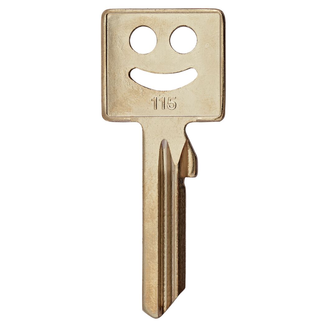 Schlüsselrohling mit Smiley und der Nummer 115.