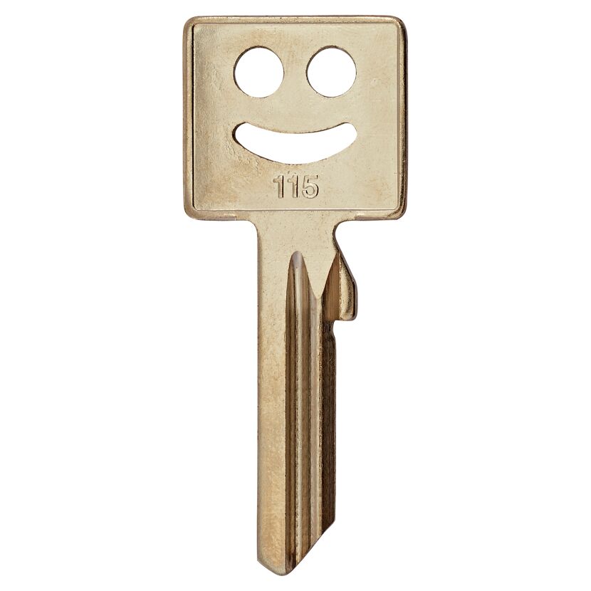 Schlüsselrohling mit Smiley und der Nummer 115.