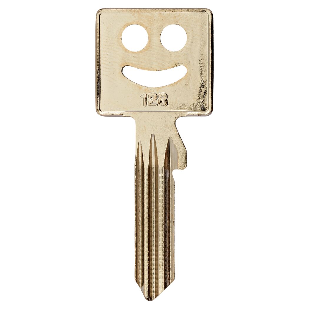Goldener Schlüssel mit Smiley-Gesicht und der Nummer 123.