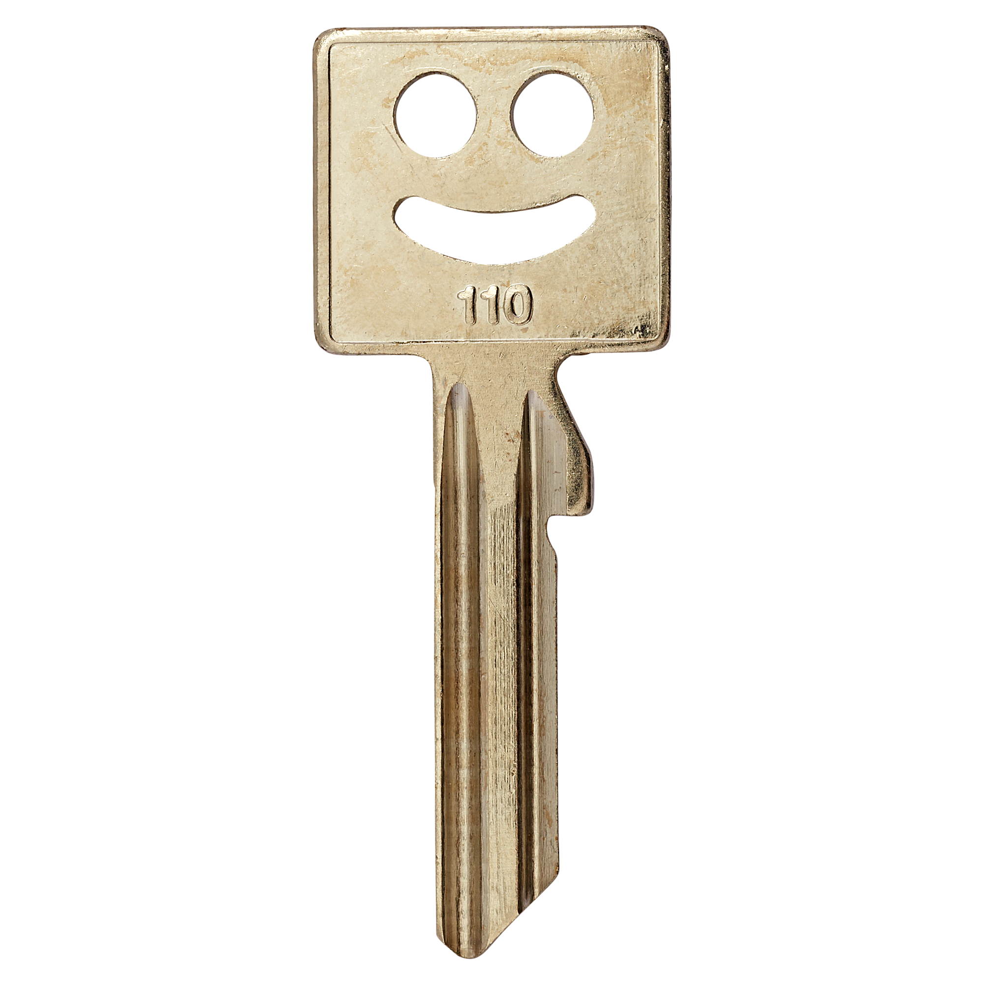 Schlüsselrohling mit Smiley-Gesicht und der Nummer 110.