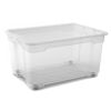 Leere transparente Aufbewahrungsbox mit Rollen