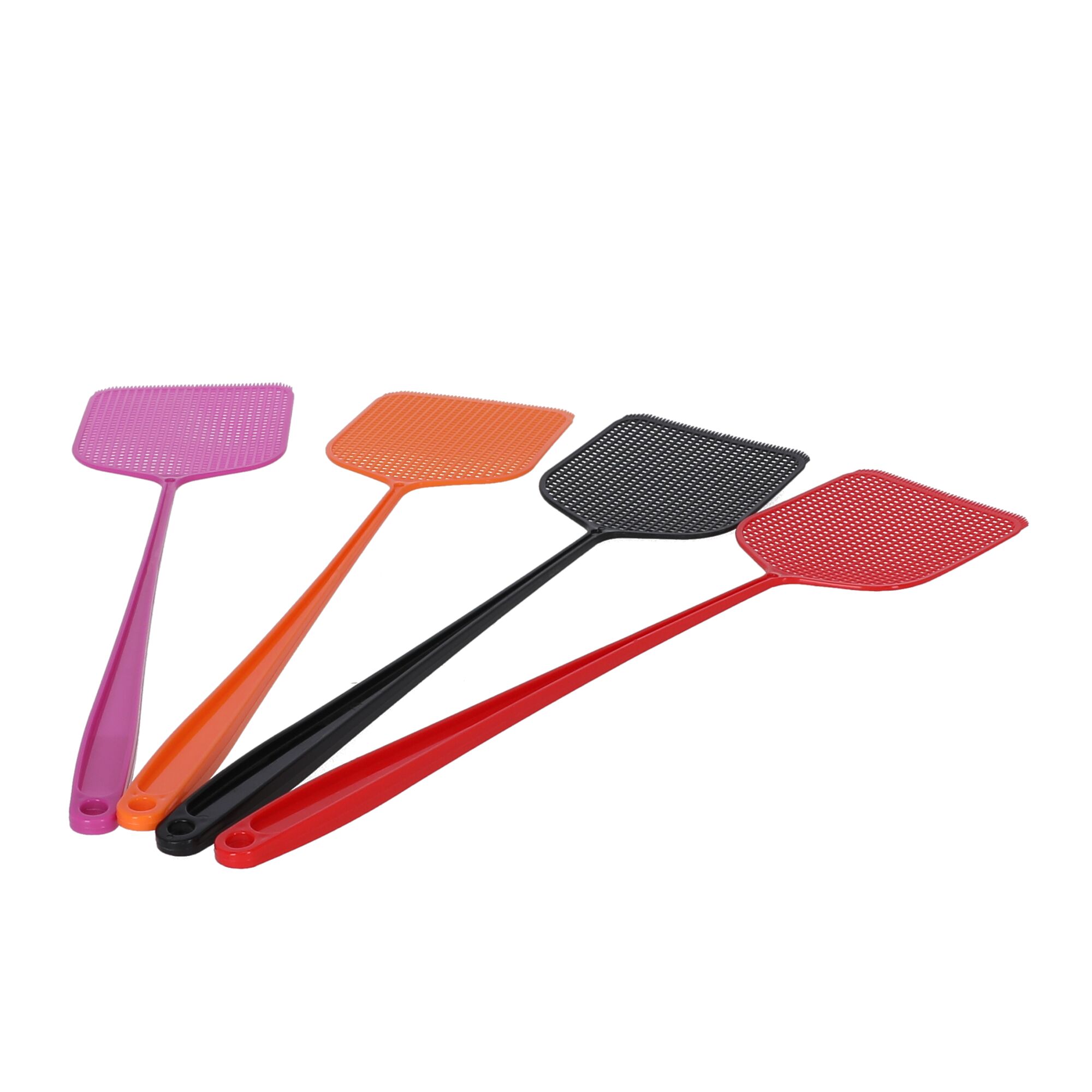 Vier Fliegenklatschen in verschiedenen Farben.