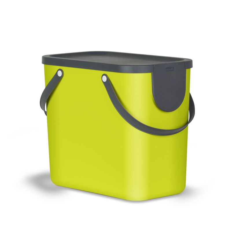 Lime grüne Recyclingbox mit grauen Griffen und Deckel