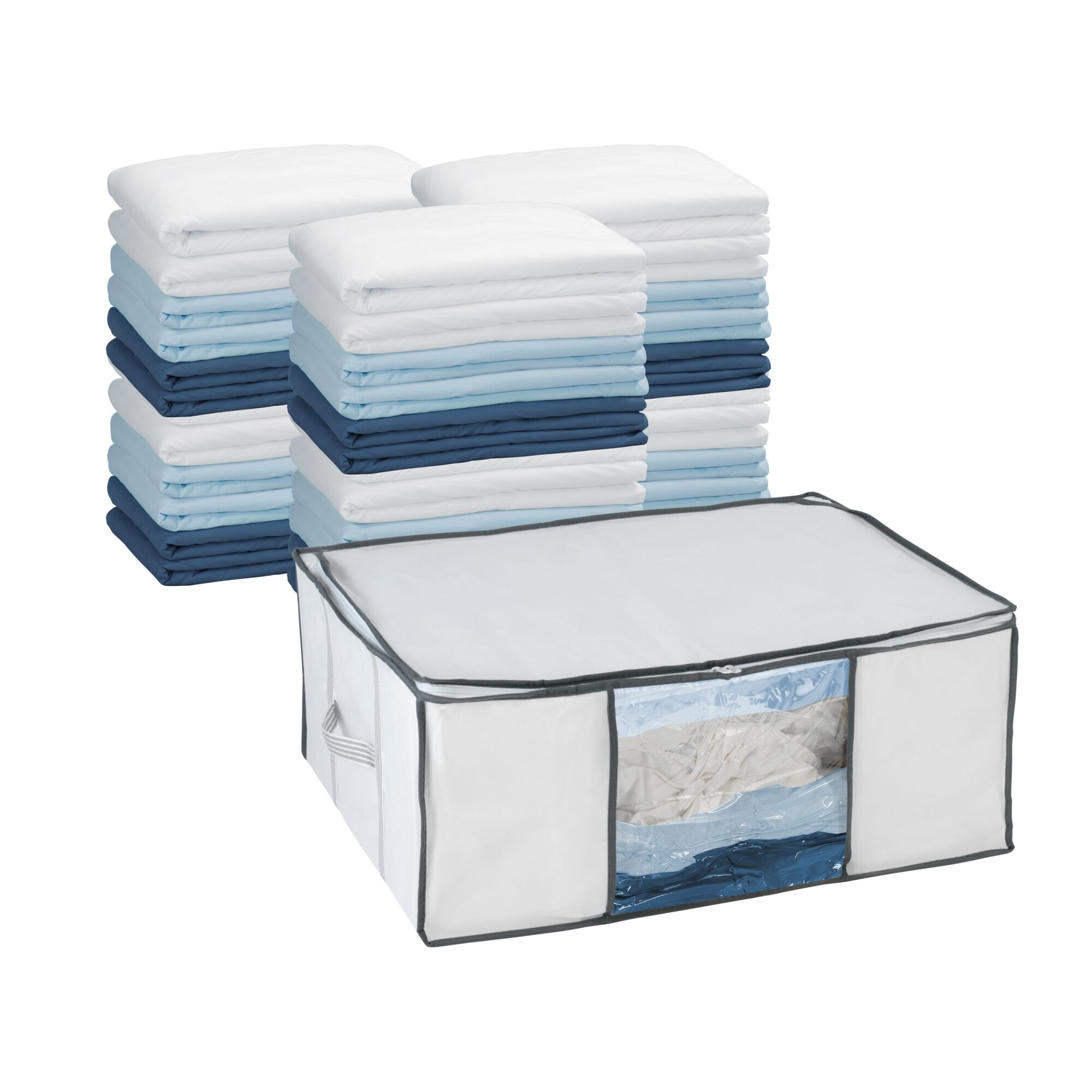 Vakuum Soft Box L, 65 x 50 x 27 cm, mit gefalteter blauer und weißer Bettwäsche