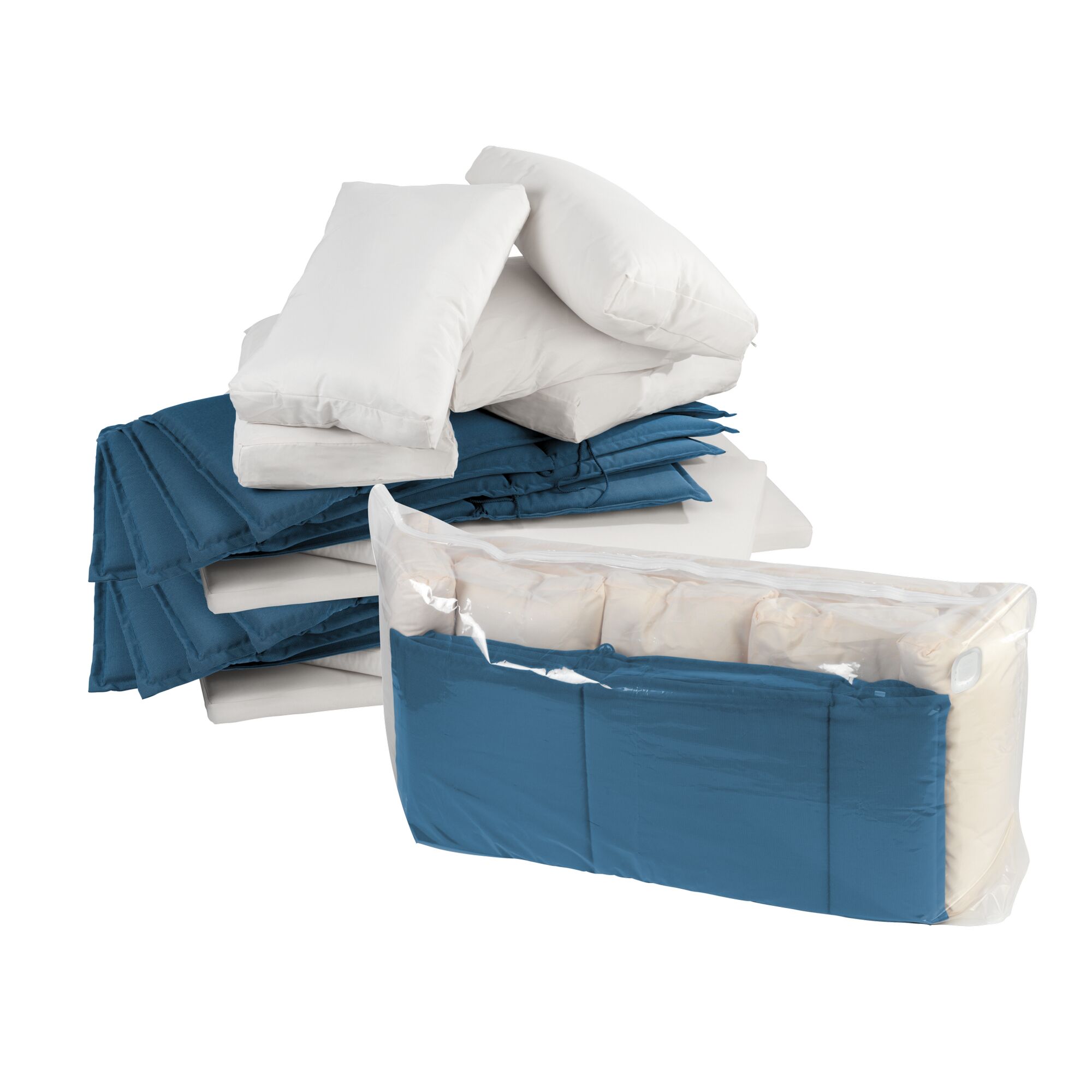 Vakuumbeutel mit Kissen und Decken