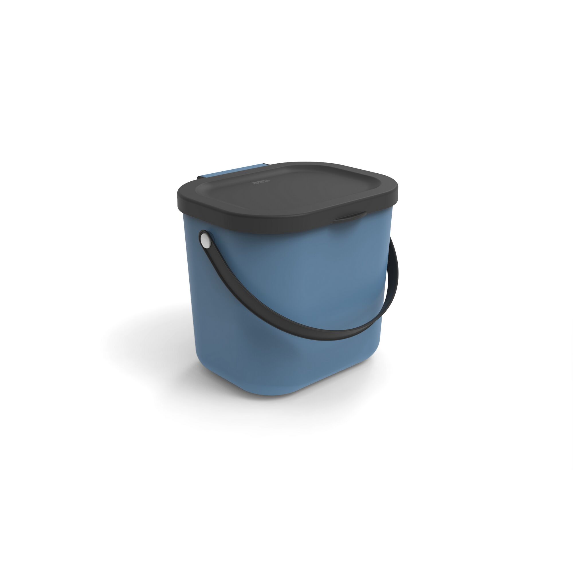 Blauer Mülleimer mit Deckel und Griff.