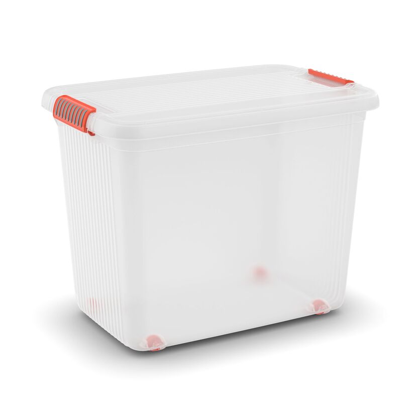 Weiße Aufbewahrungsbox mit Rollen und orangefarbenen Verschlüssen