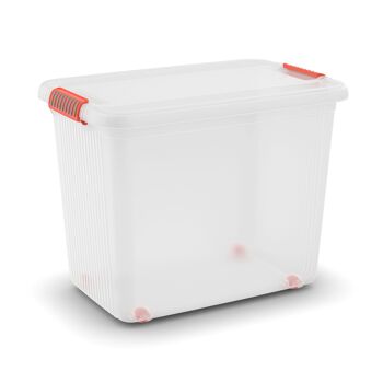 Weiße Aufbewahrungsbox mit Rollen und orangefarbenen Verschlüssen