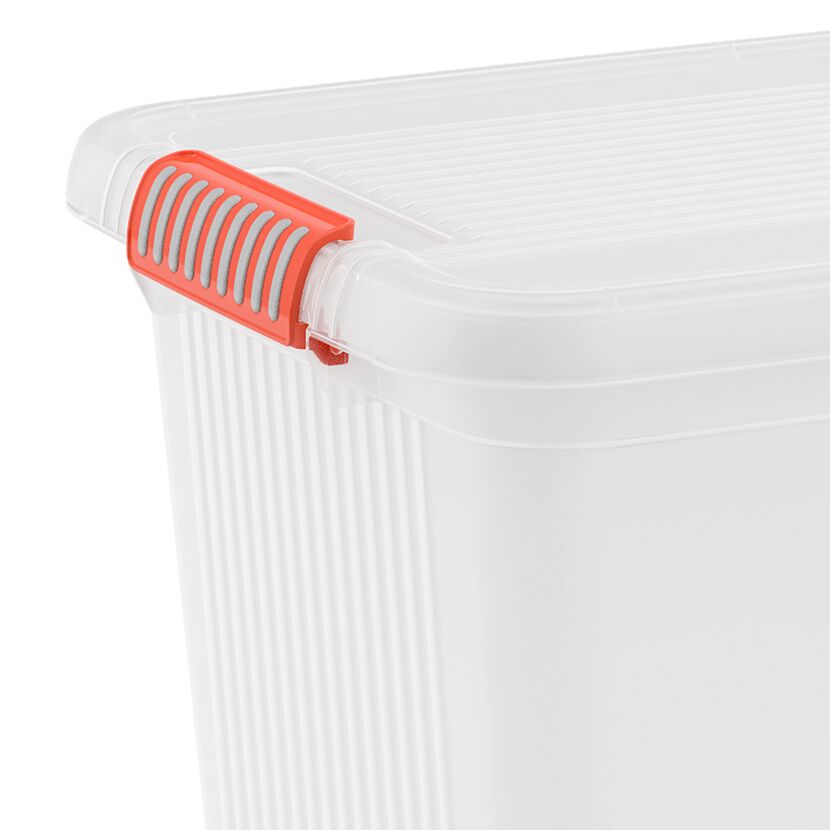 Weiße Aufbewahrungsbox mit orangenem Verschluss