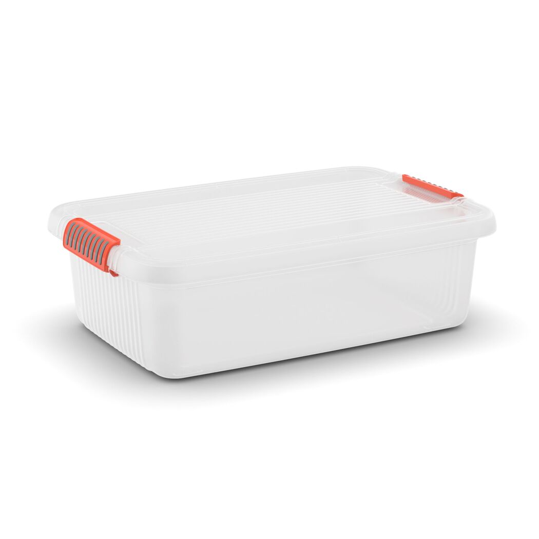 Weiße Aufbewahrungsbox mit orangefarbenen Verschlüssen