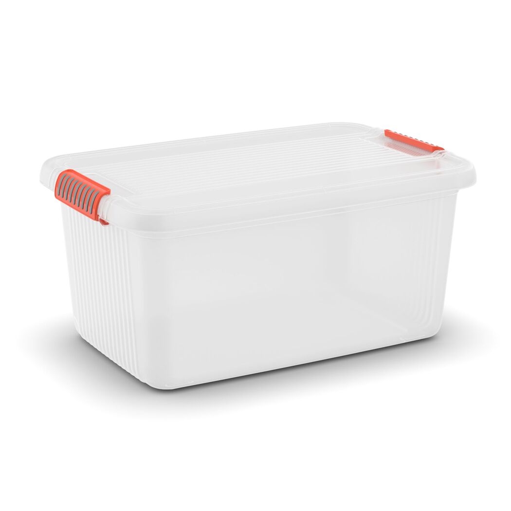 Weiße Aufbewahrungsbox mit orangen Verschlüssen