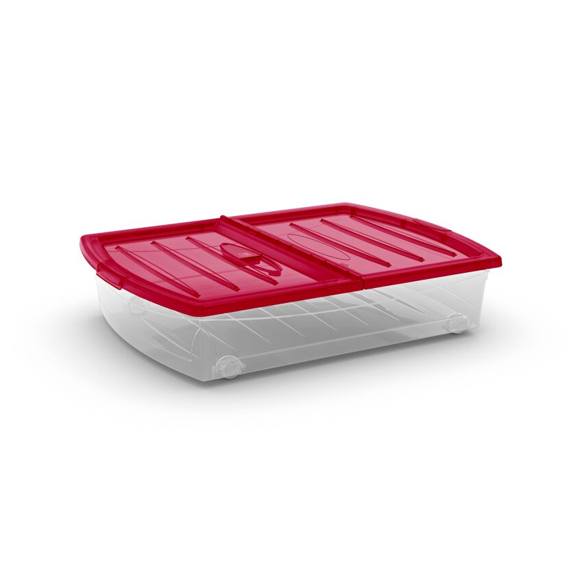 Transparente Aufbewahrungsbox mit rotem Deckel und Rollen.
