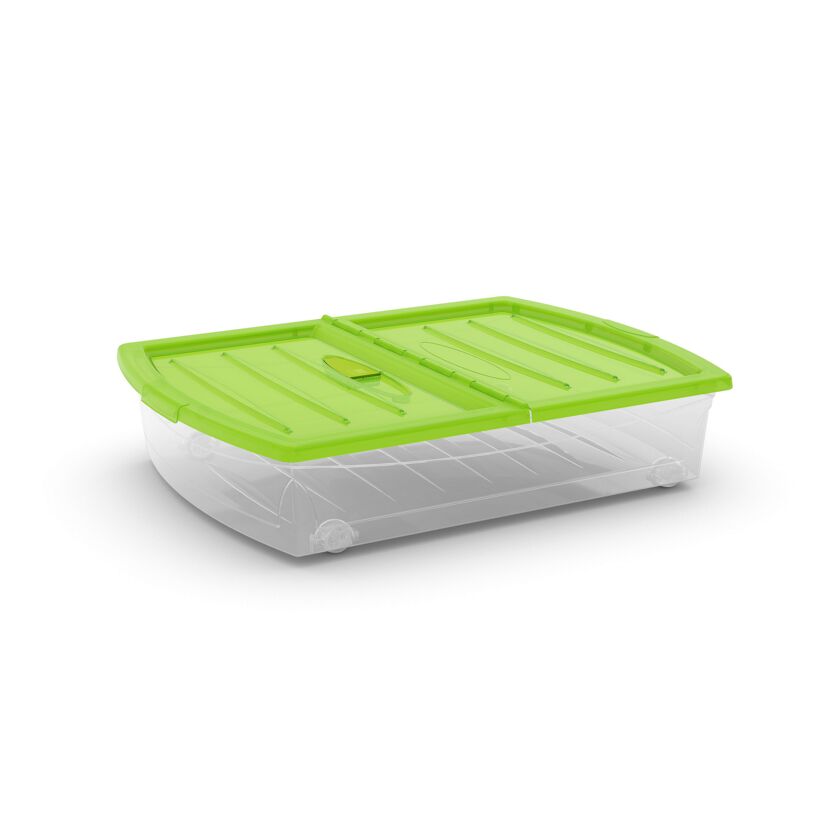Transparente Aufbewahrungsbox mit grünem Deckel und Rollen.