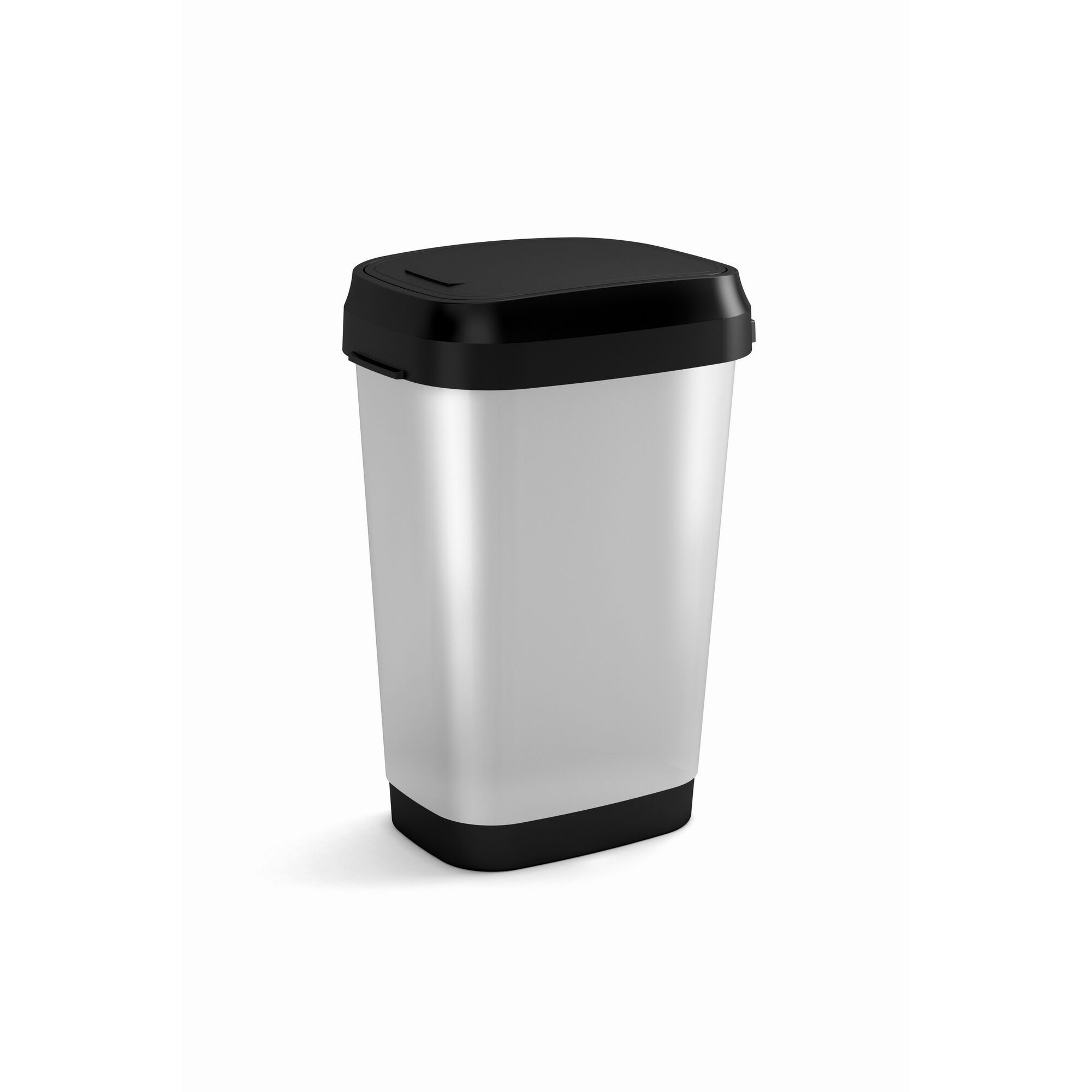 Silberner Abfalleimer mit schwarzem Deckel und Fuß