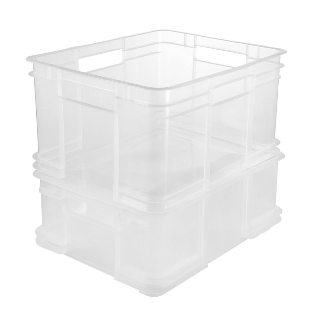 Zwei ineinandergestapelte transparente Euroboxen
