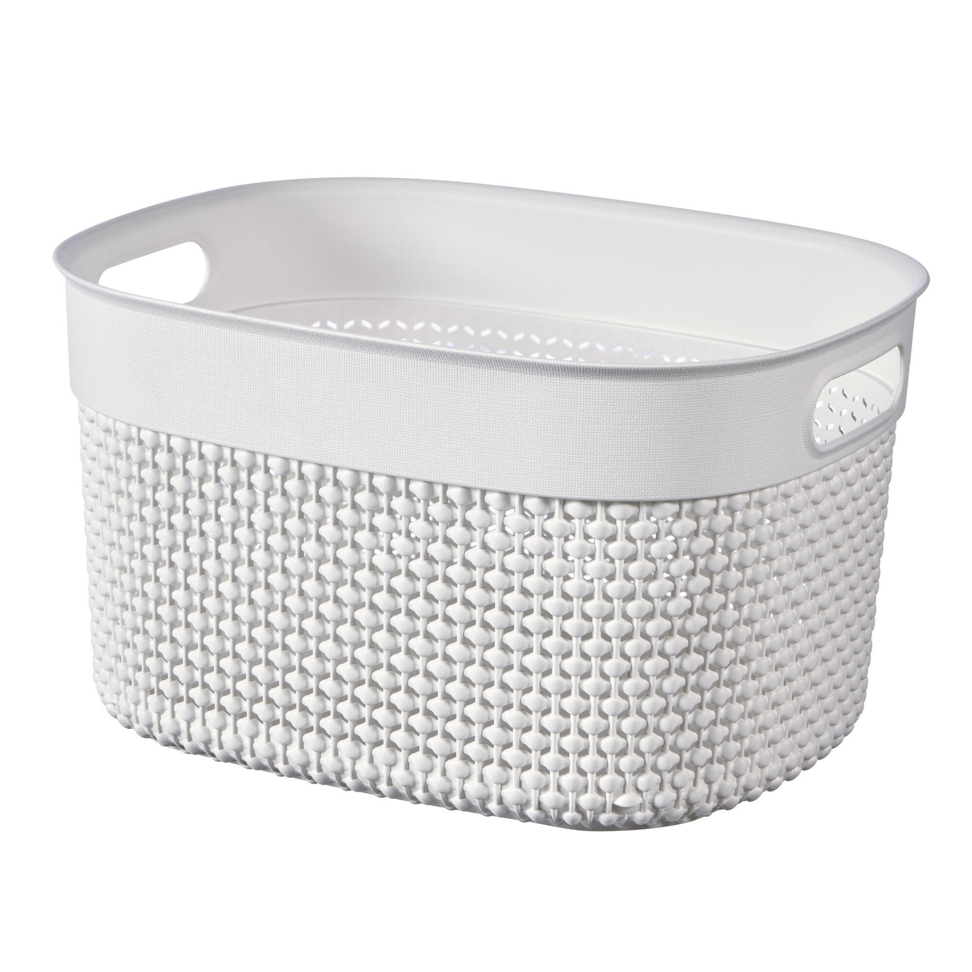 Weißer Kunststoffkorb mit Griffen.