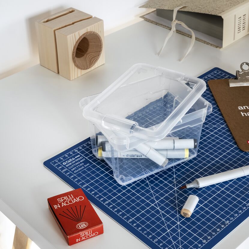 Stifte in einem transparenten Behälter, brauner Stift, Schneidematte und Stecknadeln